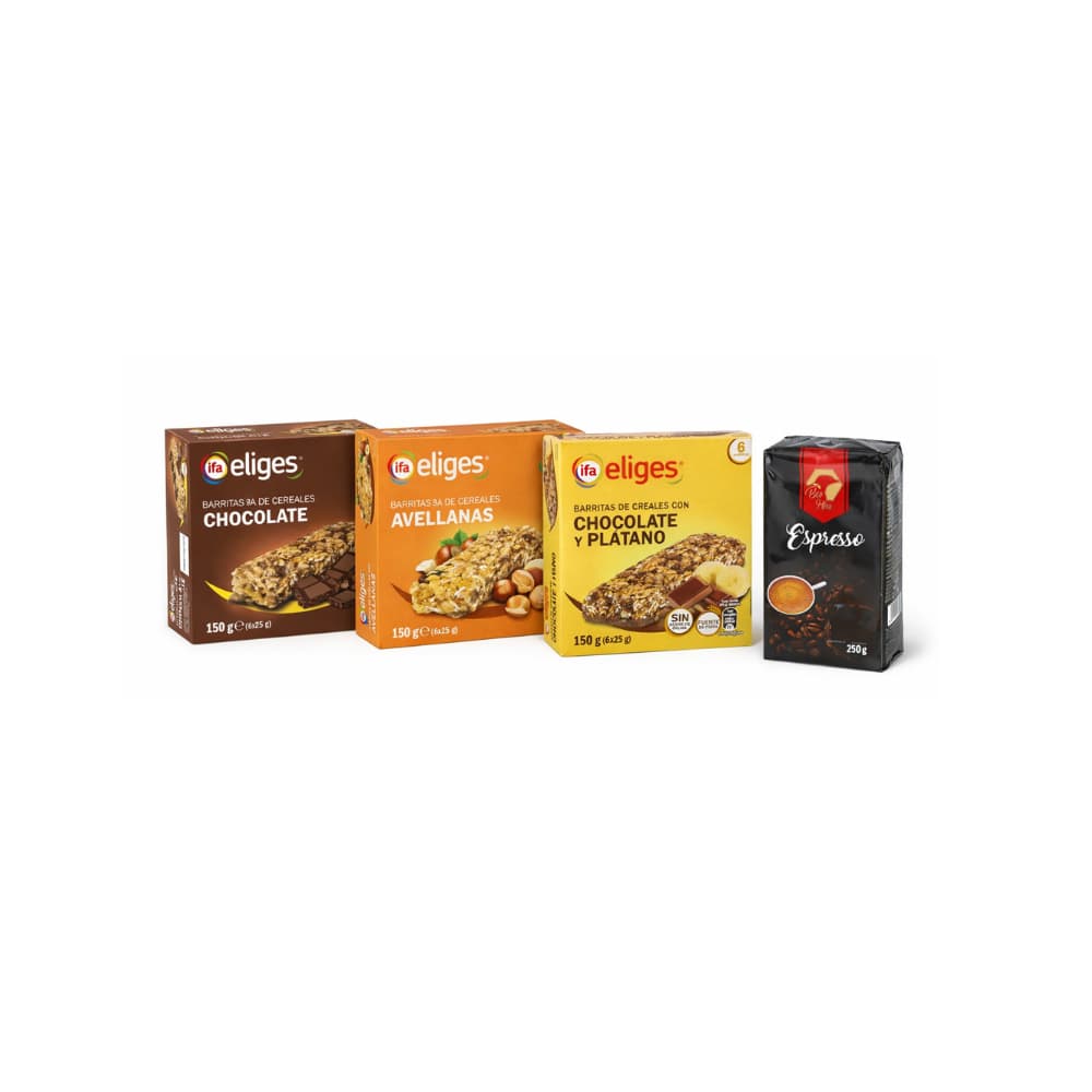 Barritas de cereales con chocolate + barritas de cereales con chocolate y plátano + barritas de cereales con avellanas + café espresso - Miniatura 1