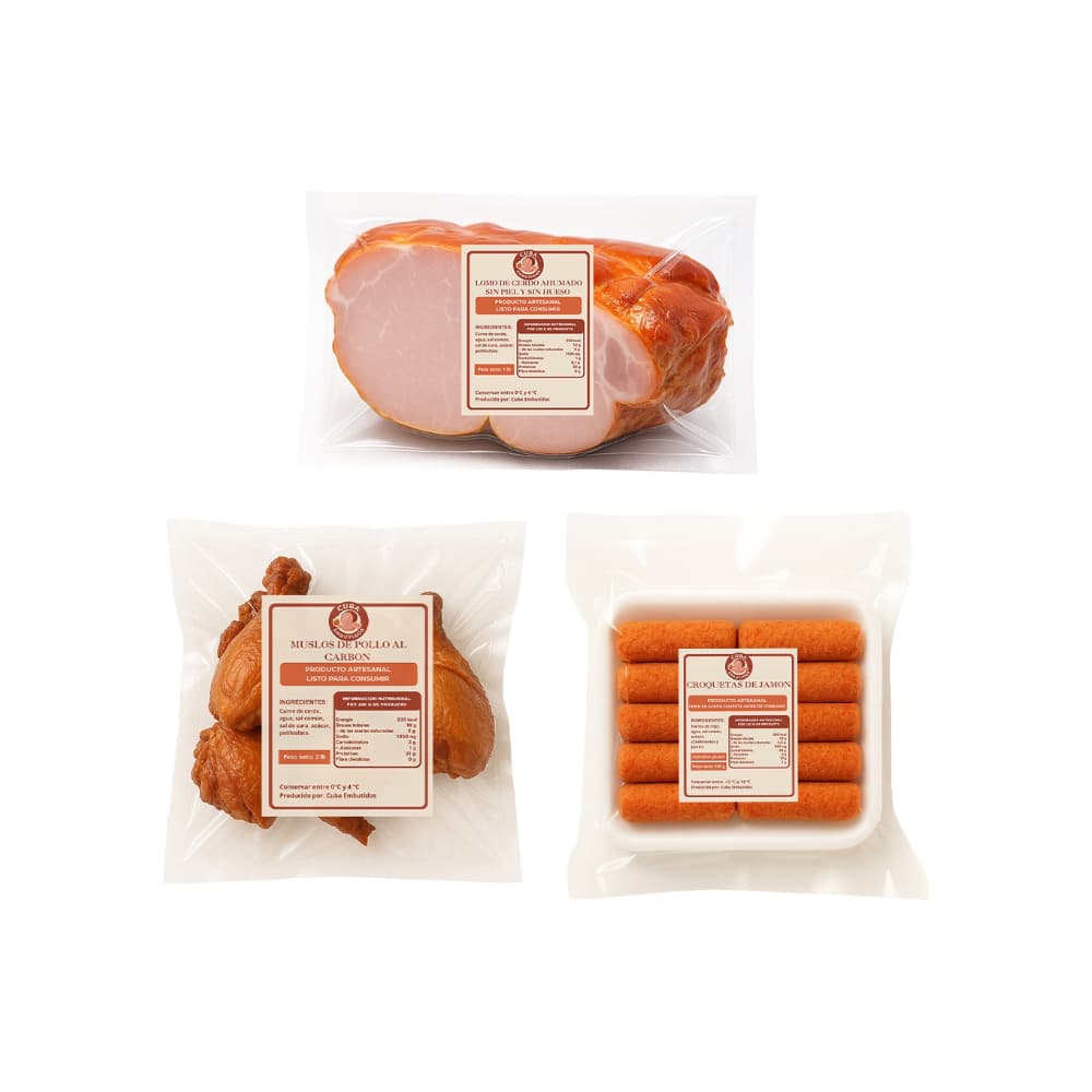 Lomo de cerdo ahumado sin piel y sin hueso + Muslos de pollo al carbón + Croquetas de jamón - Imagen 1