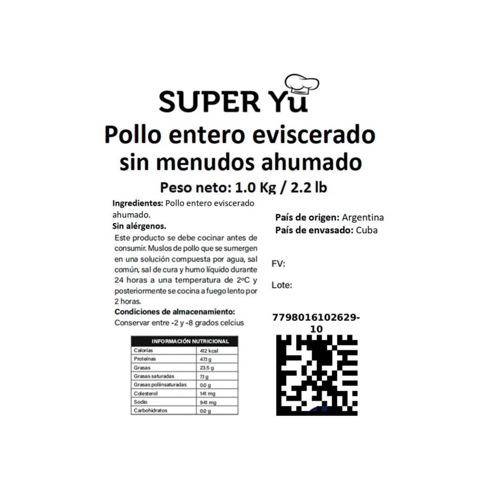 Pollo entero eviscerado sin menudos ahumados Super YU (1 kg / 2.2 lb) - Miniatura 4