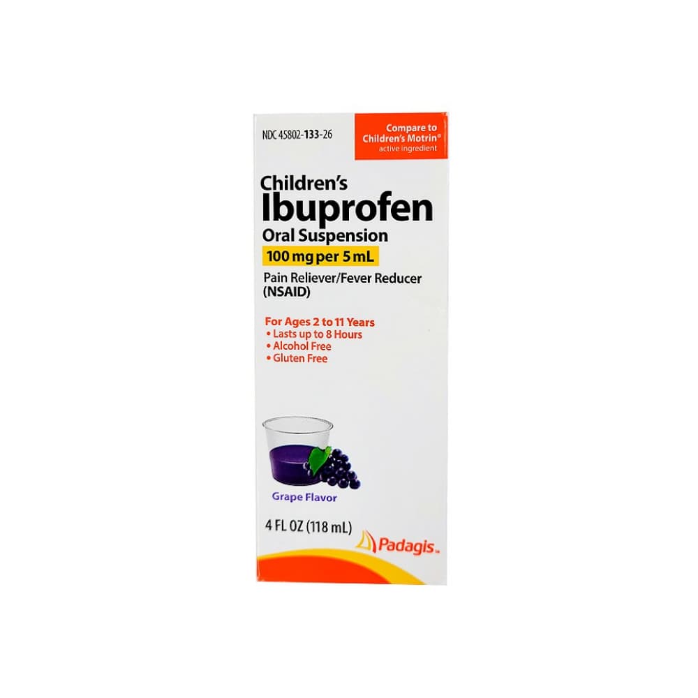 Ibuprofeno suspensión oral para niños sabor uva 100 mg/5 ml Padagis (118 ml / 4 fl oz) - Imagen 1