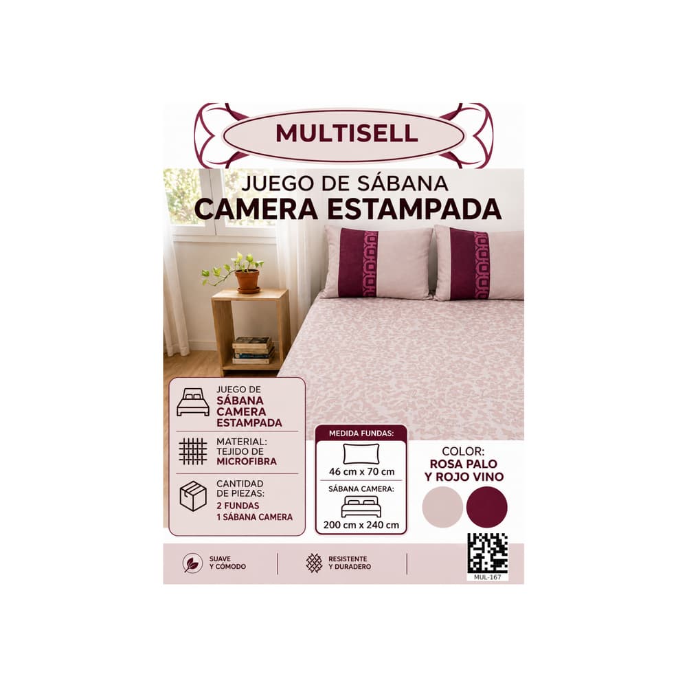 Juego de 3 piezas de sábanas estampadas color rosa palo y rojo vino Multisell - Miniatura 4