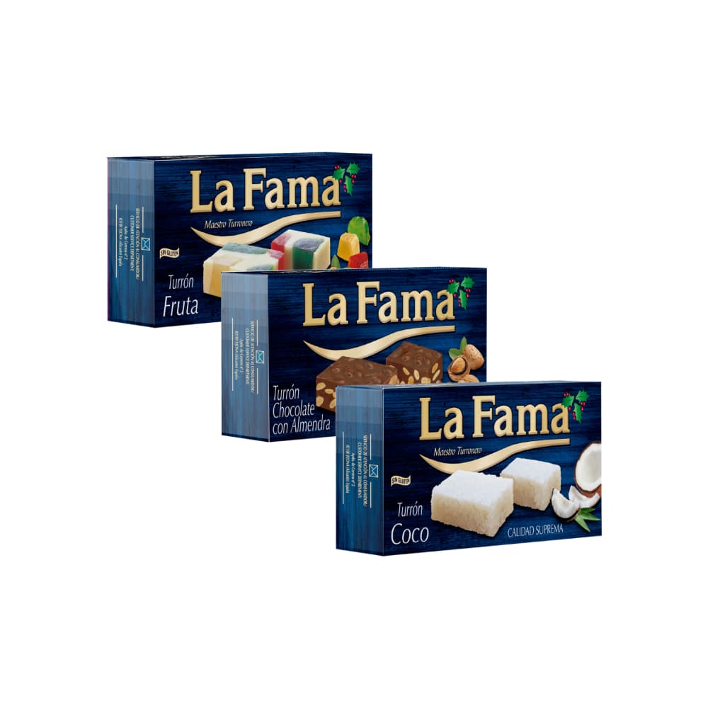 Turrón de Chocolate con Almendra La Fama + Turrón de Coco La Fama + Turrón de Fruta La Fama - Imagen 1