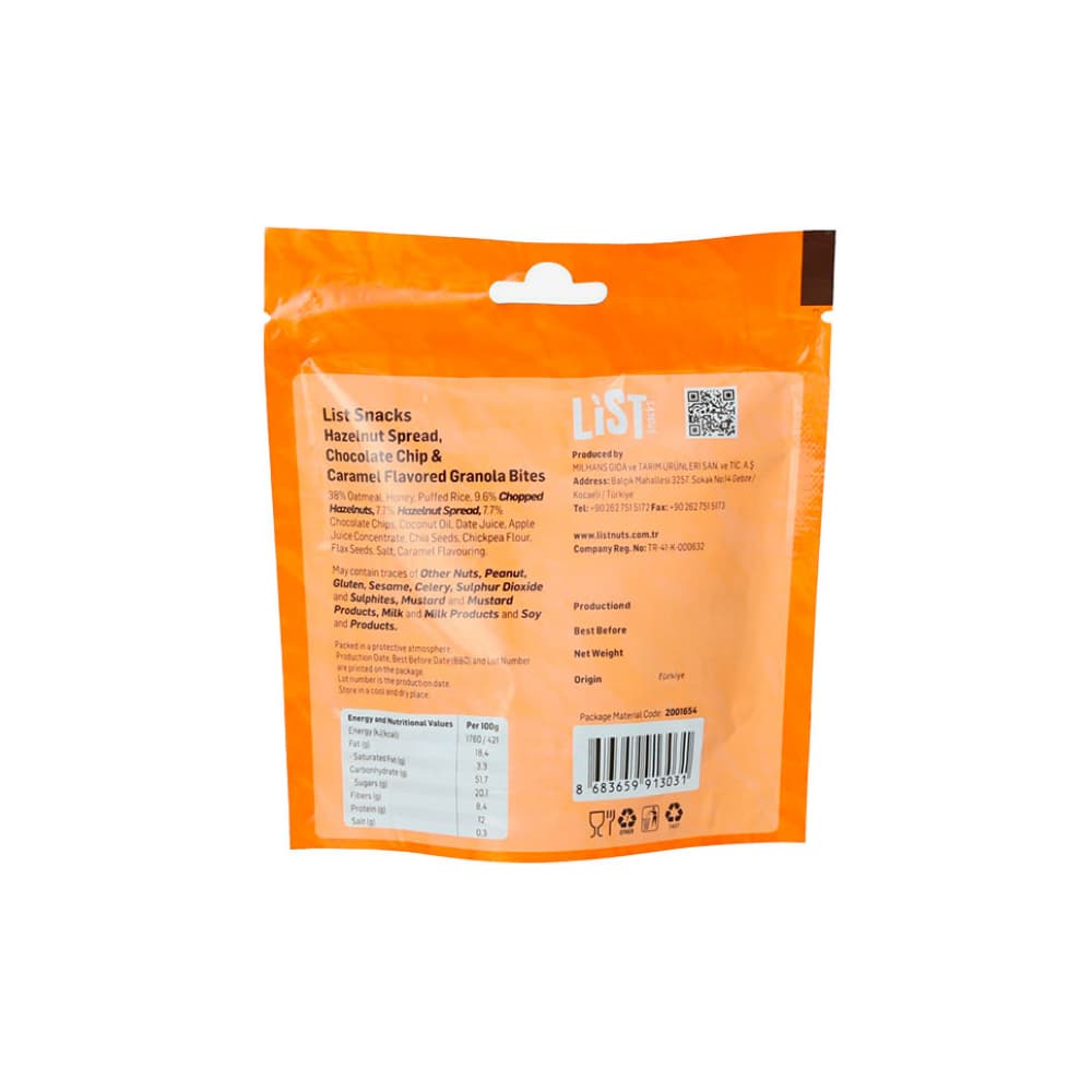Bocadillos de granola con crema de avellanas, chispas de chocolate y sabor a caramelo List Snacks (30 g / 1.06 oz) - Miniatura 2