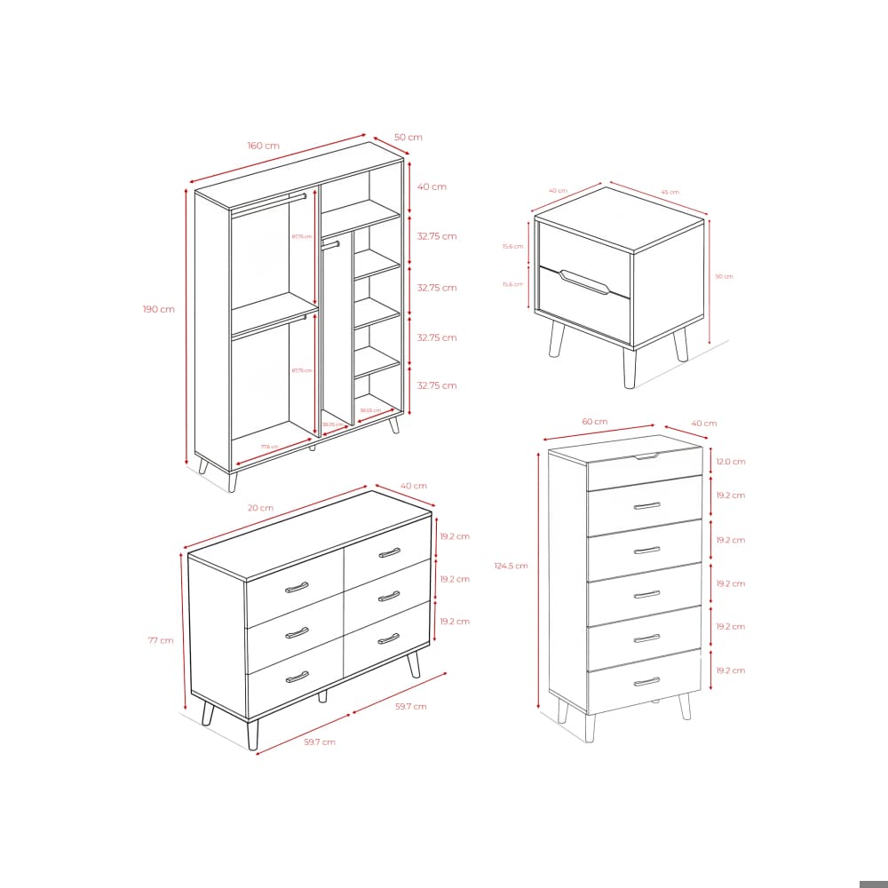 Juego de cuarto #3 Sail: armario + gavetero alto + gavetero tipo cómoda + 2 mesitas de noche - Miniatura 3