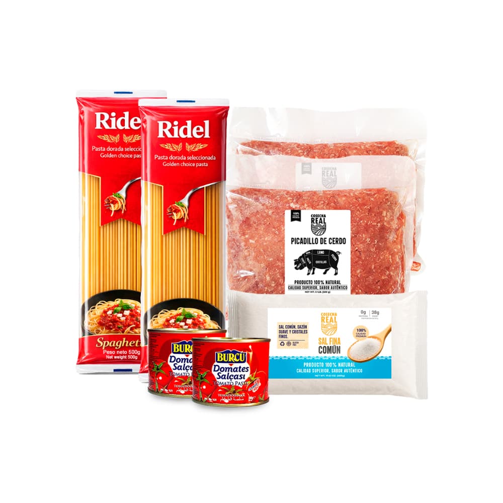 Combo para espaguetis #12: Espaguetis Ridel + Pasta de tomate Burcu + Picadillo de cerdo Cosecha Real + Sal fina comúm Cosecha Real - Miniatura 1