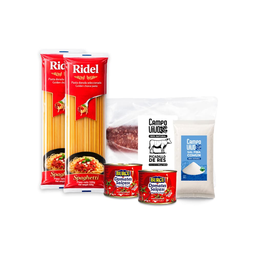Combo para pasta: Espaguetis Ridel + Pasta de tomate Burcu + Picadillo de res Campo Vivo + Sal fina Campo Vivo - Imagen 1
