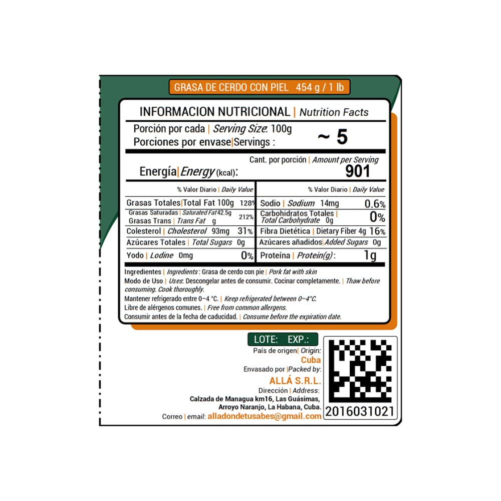 Grasa de cerdo con piel ALLÁ (454 g / 1 lb) - Miniatura 2