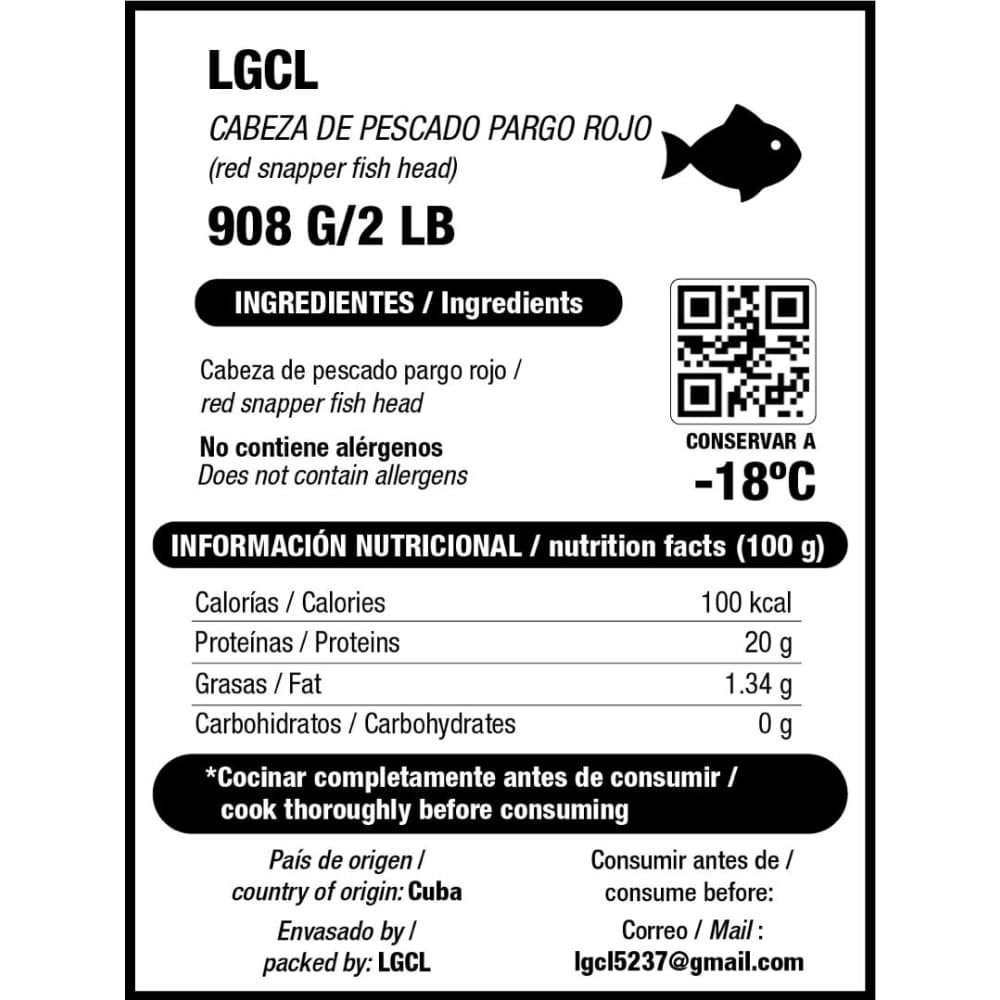 Cabeza de pescado pargo rojo LGCL (908 g / 2 lb) - Miniatura 3