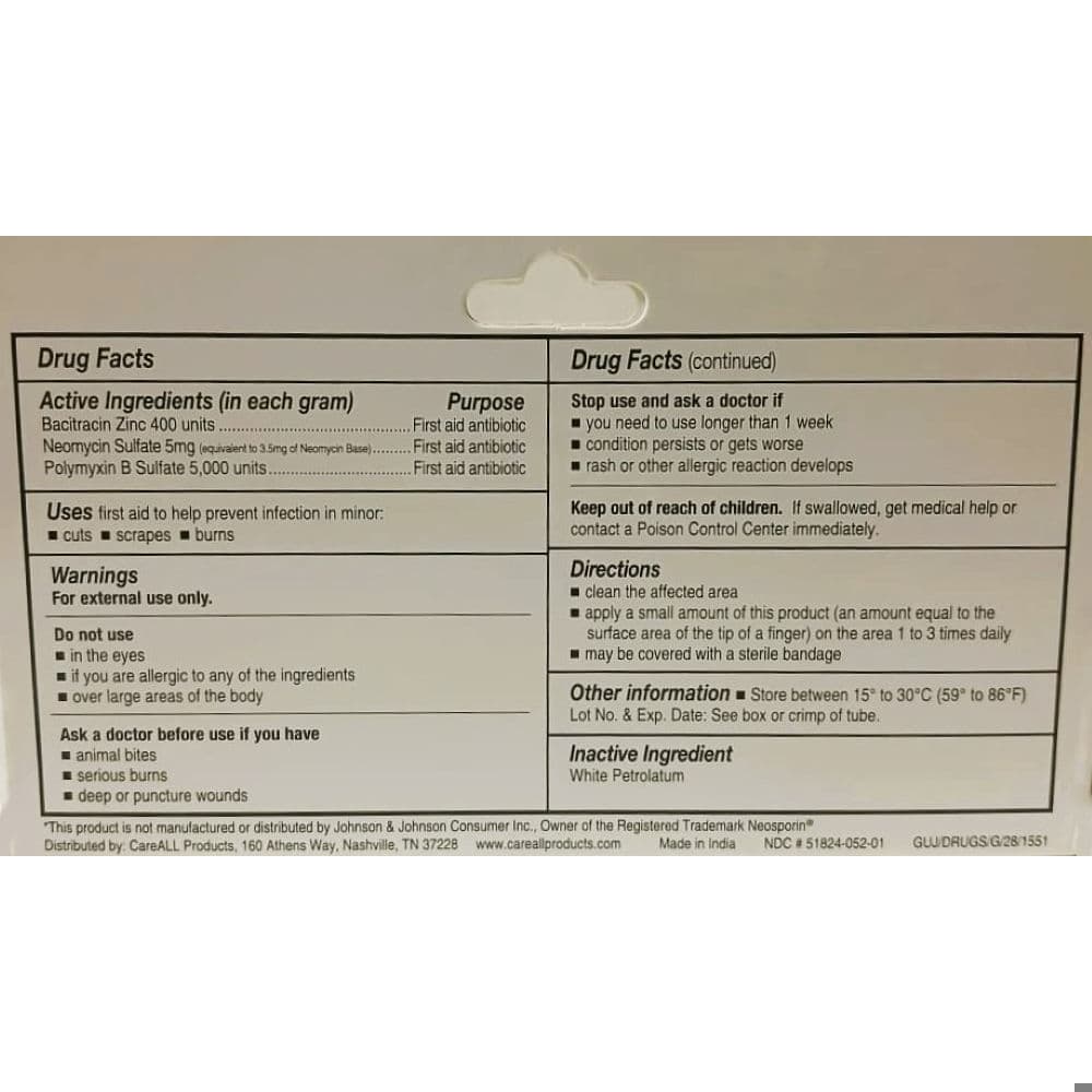 Ungüento triple antibiótico bacitracina zinc sulfato de neomicina sulfato de polimixina B CareAll (28 g / 1 oz) - Miniatura 2