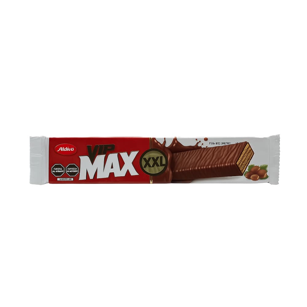 Obleas recubiertas de chocolate con leche con crema de chocolate y avellanas VIP MAX XXL Aldiva (55 g / 1.94 oz) - Imagen 1