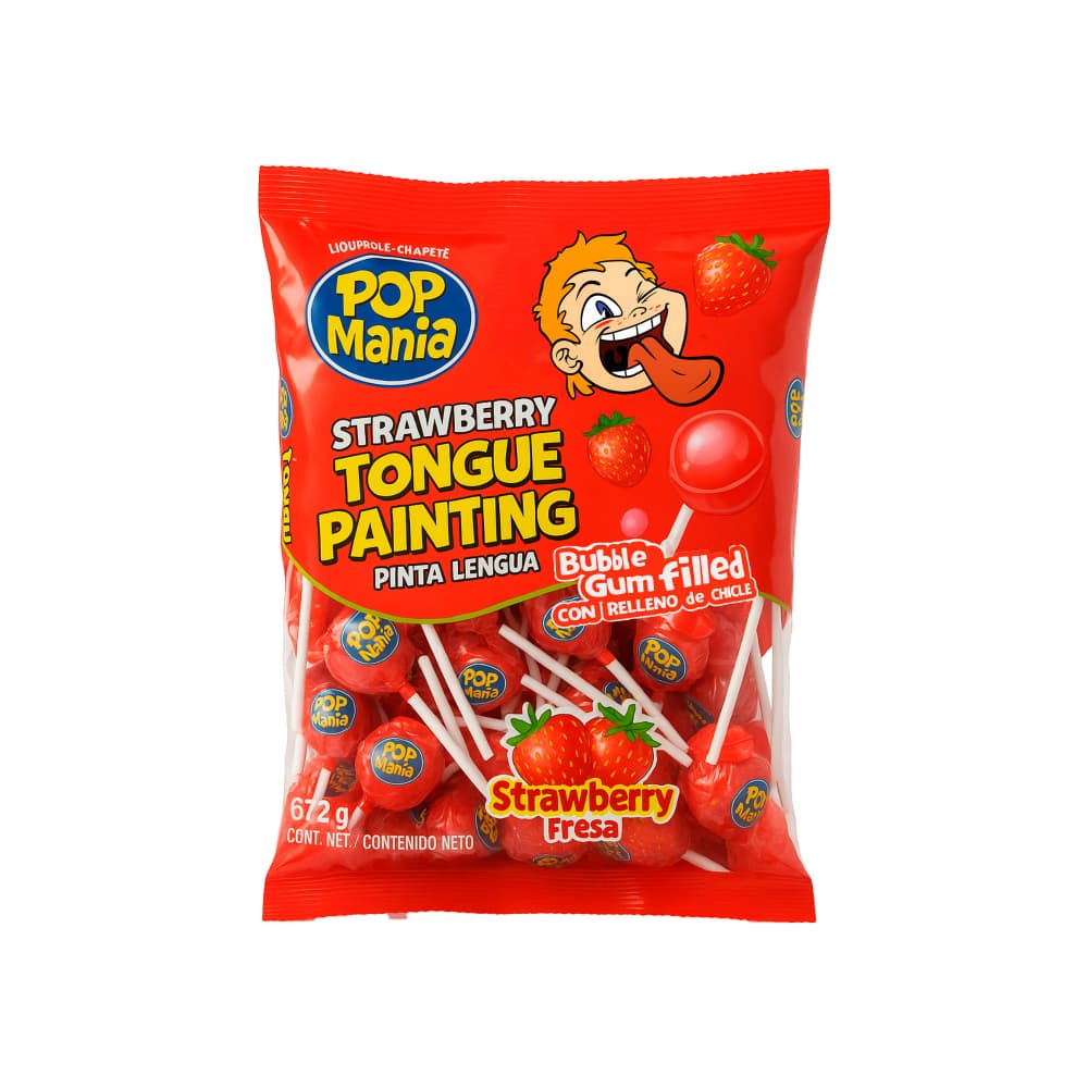 Chupa chupa pinta lengua sabor fresa con relleno de chicle Pop Mania (672 g / 1.48 lb) - Imagen 1