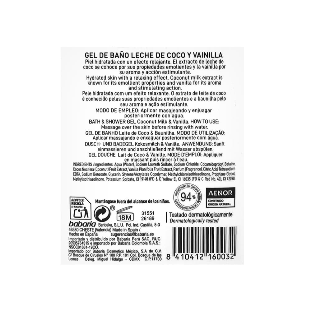 Gel de baño leche de coco y vainilla Babaria (1 L) - Miniatura 3