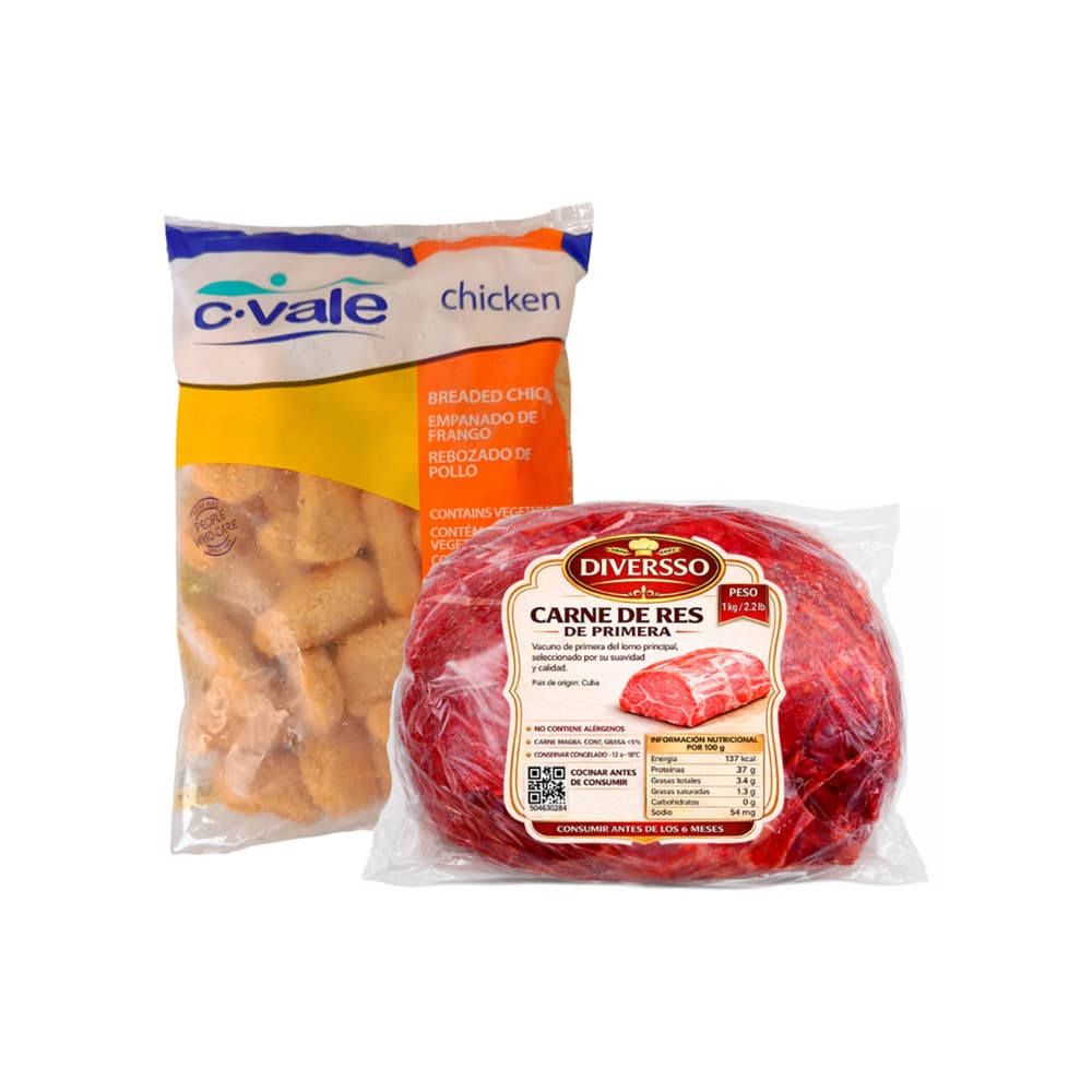 Combo: Carne de res de primera Diversso (1 kg / 2.2 lb)+Rebozado de pollo C.Vale (1 kg / 2.2 lb) - Imagen 1