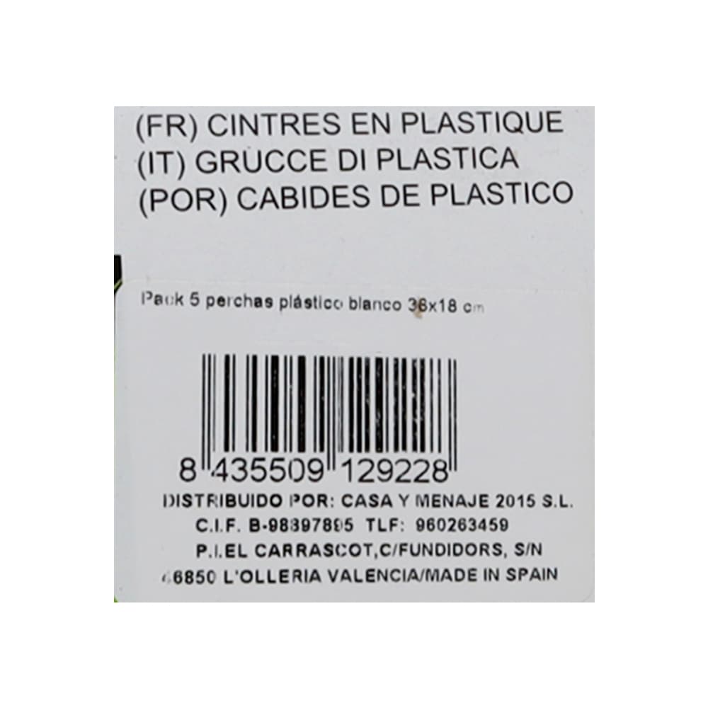 Juego de 5 percheros de plástico color blanco Casa y Menaje - Miniatura 3
