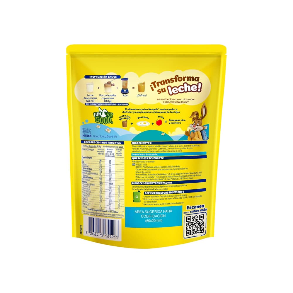 Alimento en polvo para preparar bebida fortificada con sabor a chocolate reducida en azúcar Nestlé Nesquik Plus (280 g / 9.88 oz) - Miniatura 3