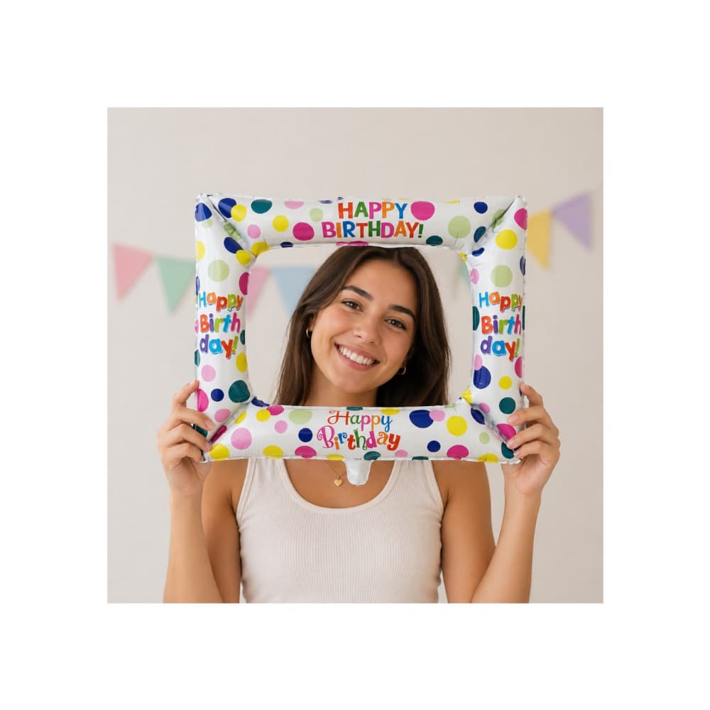 Globo con diseño de marco de fotografía con cartel de Happy Birthday Ballon - Miniatura 4