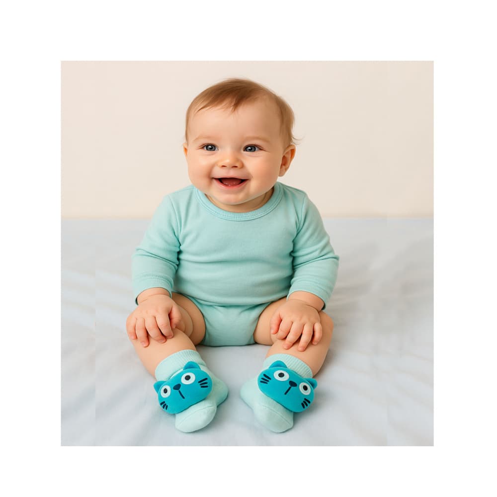 Par de calcetines de color azul con sonajero de peluche para bebé Ayaydin Miroglio - Miniatura 4