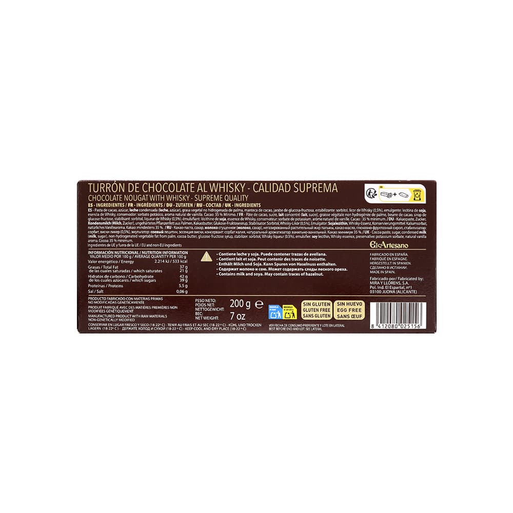 Turrón chocolate al whisky calidad suprema El Artesano (200 g / 7 oz) - Miniatura 2