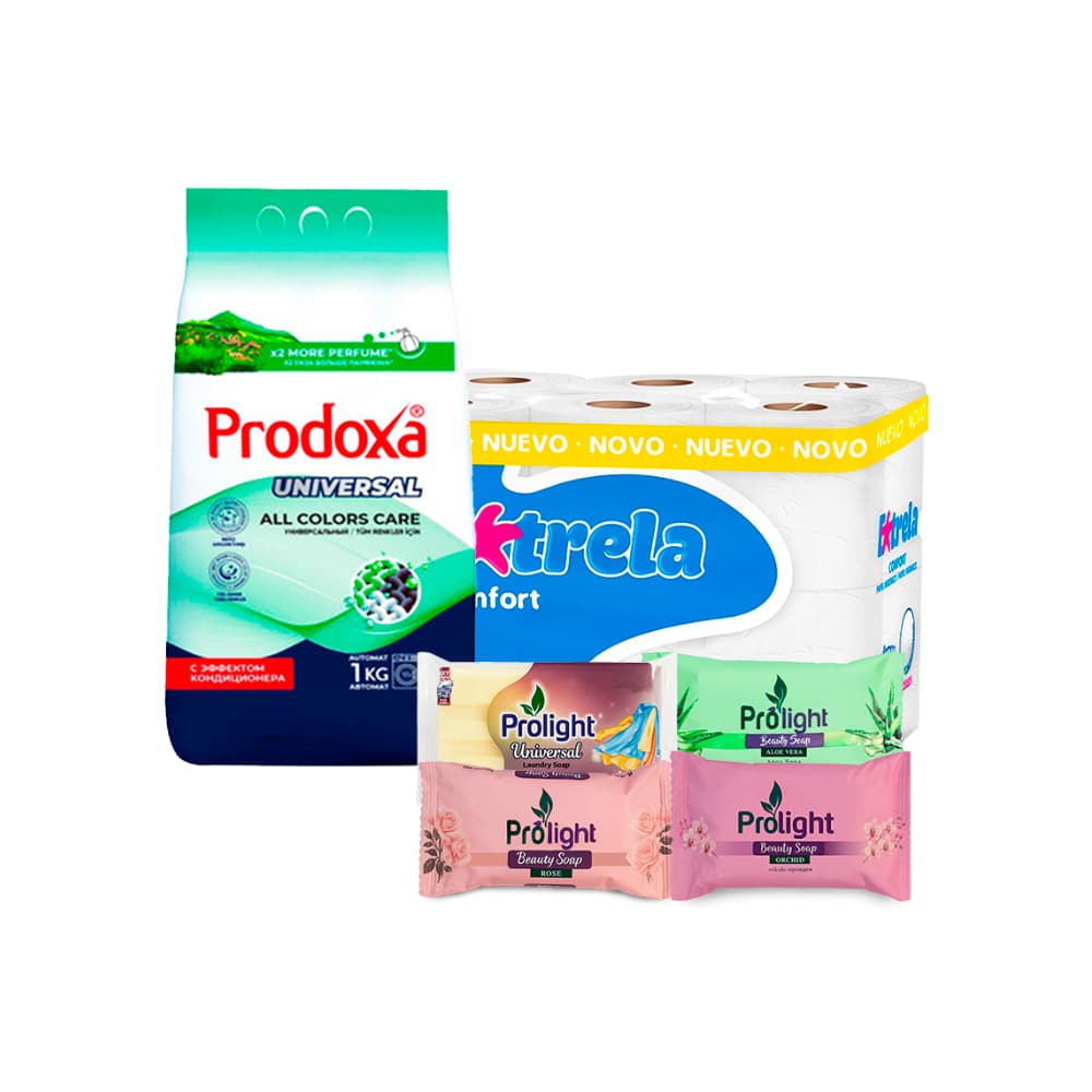 Combo básico del hogar #7: Detergente en polvo Prodoxa + Papel sanitario Extrela + Jabón de lavar con enzimas Prolight + Jabones de belleza Prolight - Imagen 1