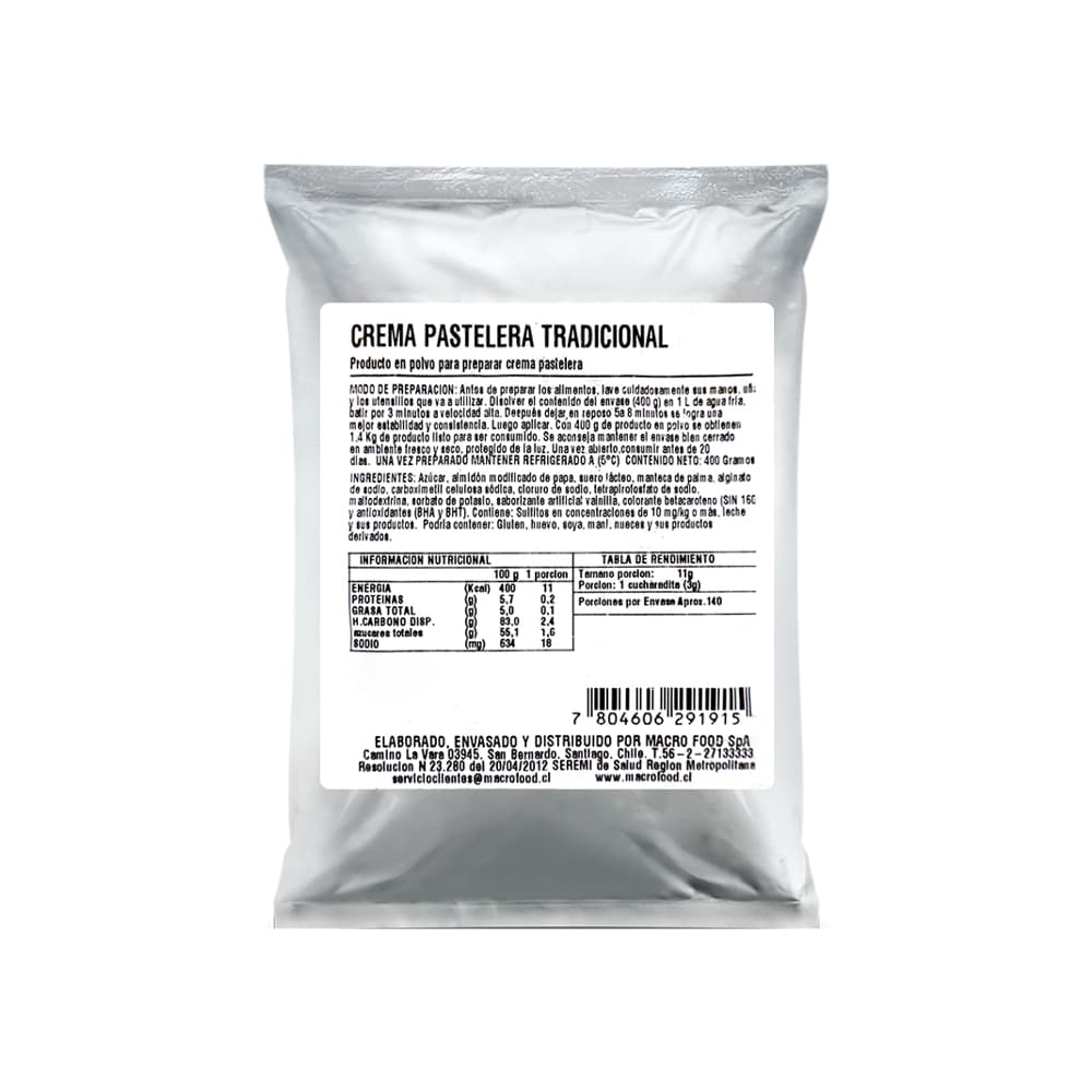 Producto en polvo para preparar crema pastelera tradicional Macro Food (400 g / 14.1 oz) - Imagen 1