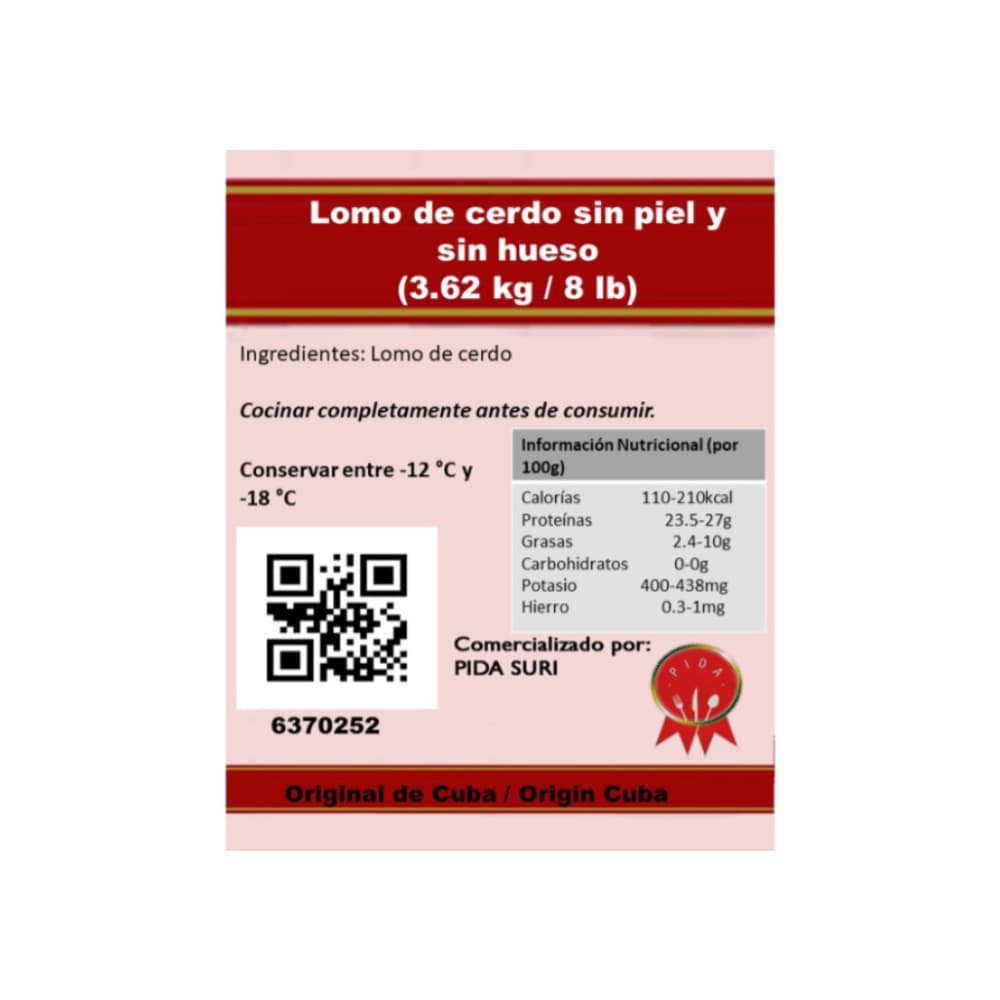 Lomo de cerdo sin piel y sin hueso Pida (3.62 kg / 8 lb) - Miniatura 4