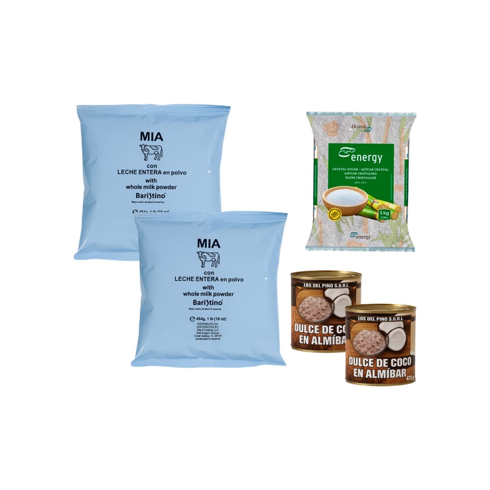 Leche entera en polvo Mia + Dulce de coco en almíbar Los de Pino + Azúcar blanca Energy - Imagen 1
