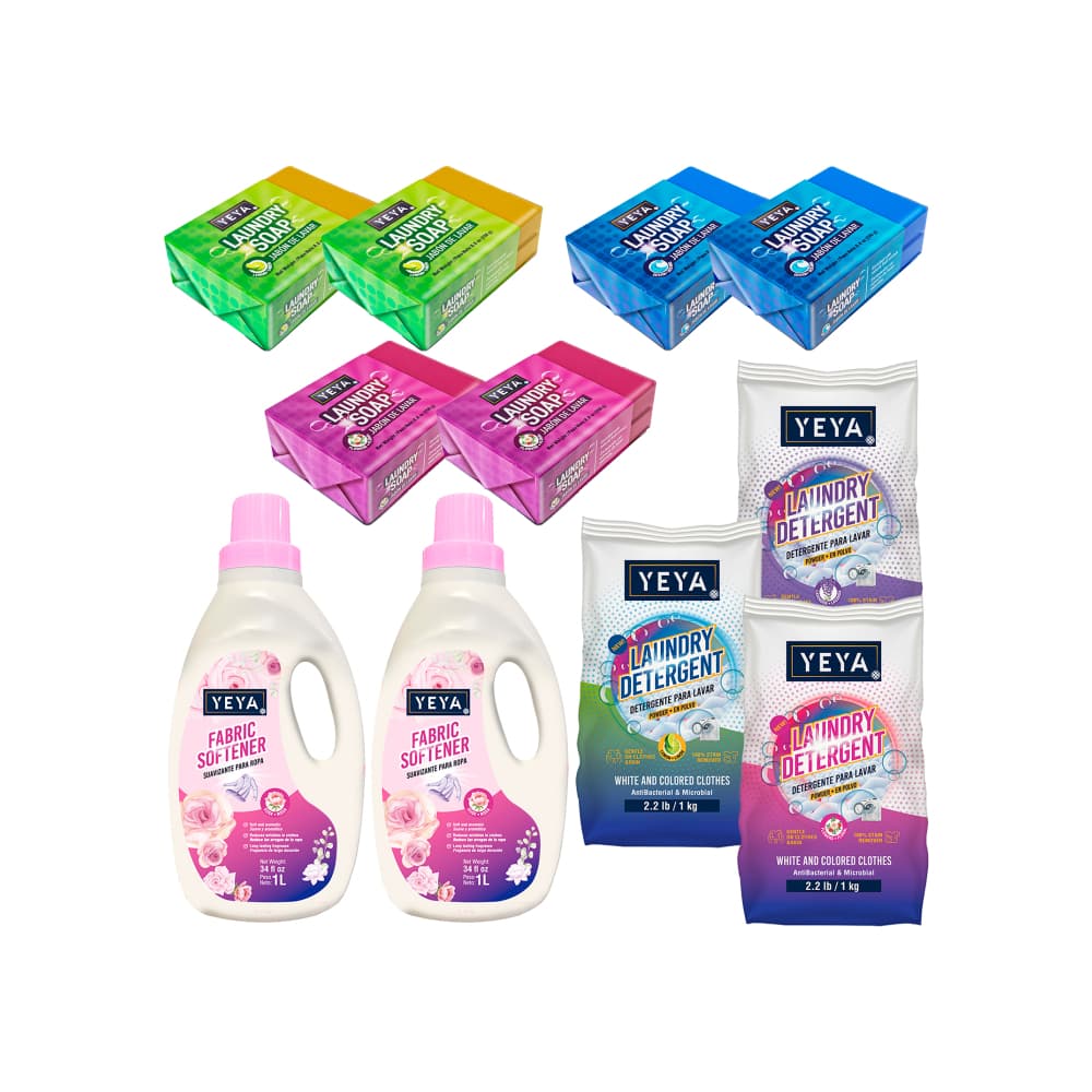 Combo lavandería esencial YEYA: detergente en polvo (3 x 1 kg) + suavizante para ropa (2 x 1 L) + jabón de lavar (6 x 250 g) - Imagen 1