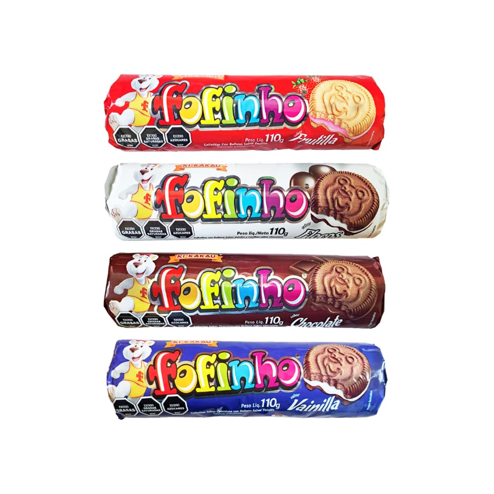 Galletas de chocolate rellenas con crema de chocolate Fofinho (110 g / 3.9 oz) + Galletas rellenas sabor vainilla y confites sabor chocolate Fofinho (110 g / 3.9 oz) + Galletas rellenas sabor frutilla Fofinho (110 g / 3.9 oz) + Galletas de chocolate rellenas con crema de vainilla Fofinho (110 g / 3.9 oz) - Imagen 1