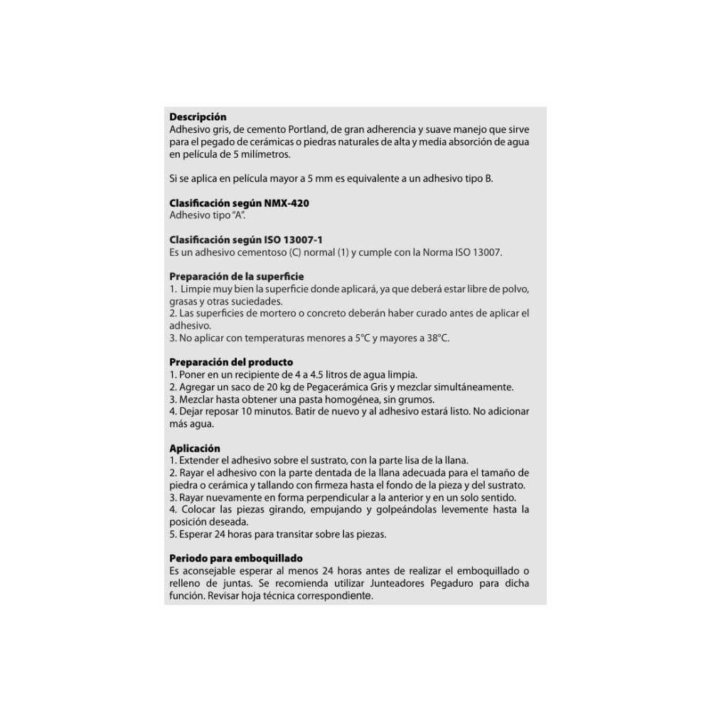 Cemento cola pegaceramico gris Pegaduro (20 kg / 44 lb) - Miniatura 3