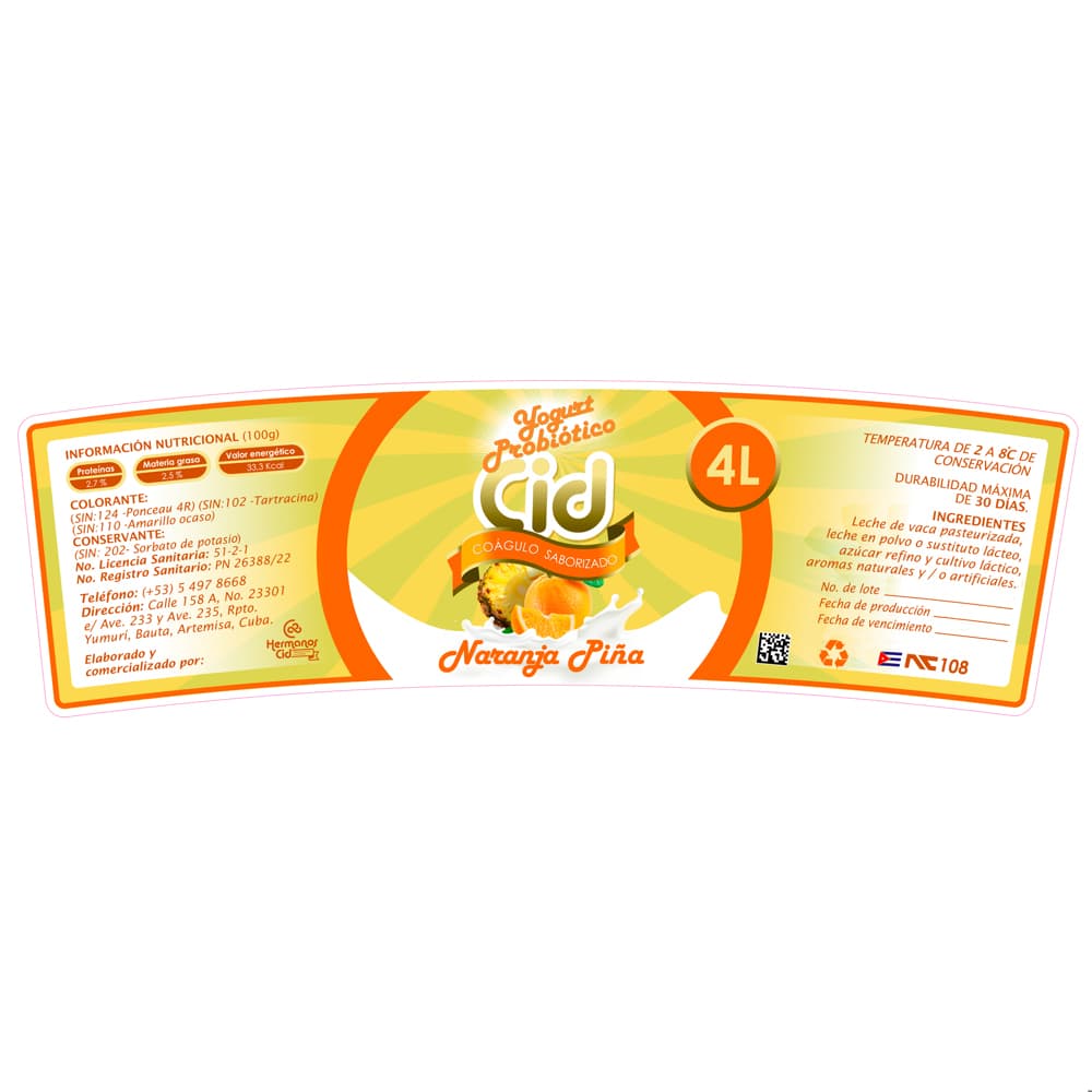 Yogurt probiótico saborizado de naranja piña Cid (4 L) - Miniatura 2