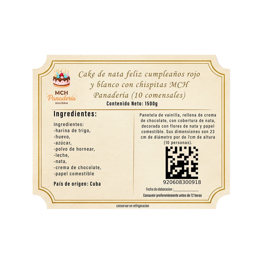 Cake de nata feliz cumpleaños rojo y blanco con chispitas MCH Panadería (10 comensales) - Miniatura 3