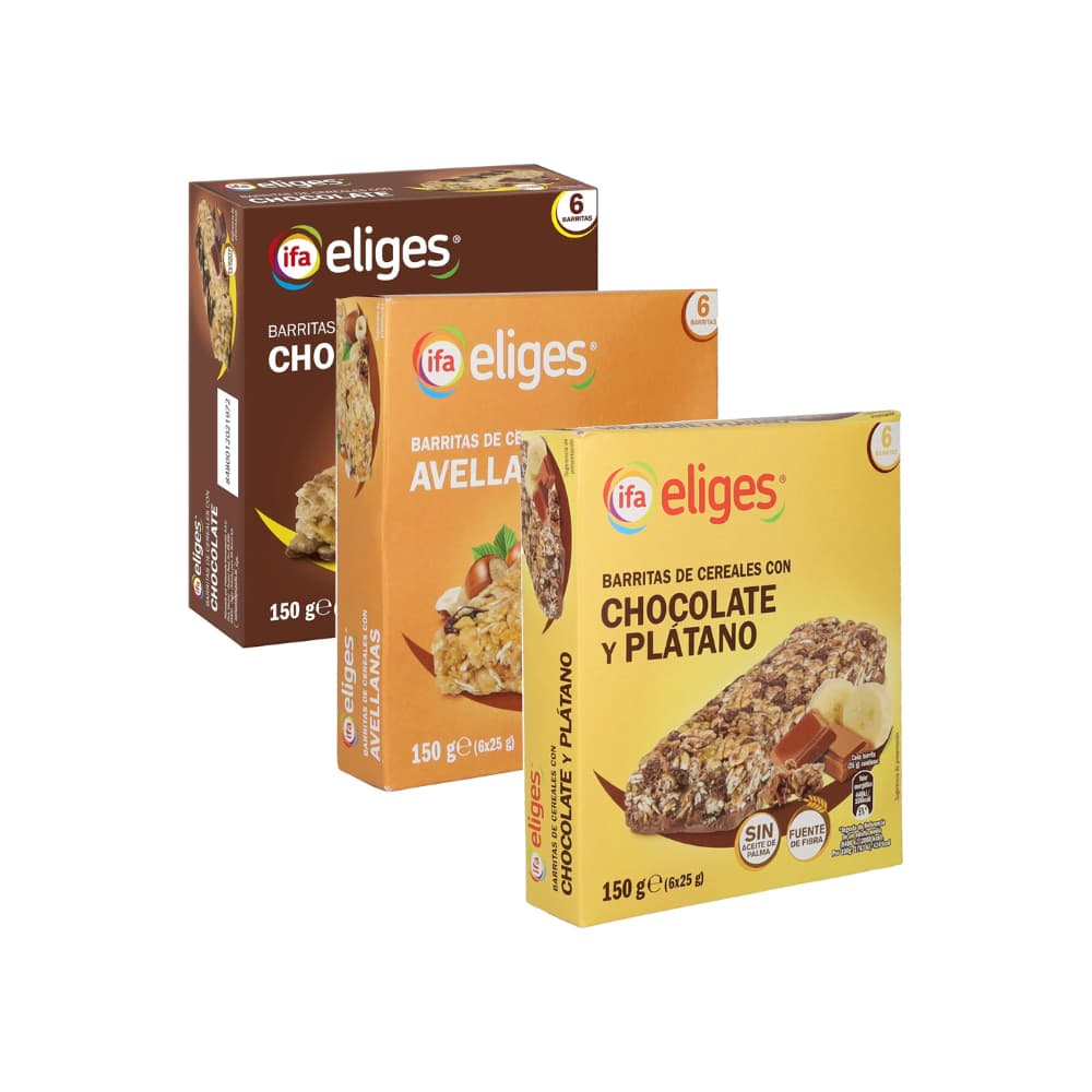 Barritas de cereales con chocolate + barritas de cereales con chocolate y plátano + barritas de cereales con avellanas - Miniatura 1