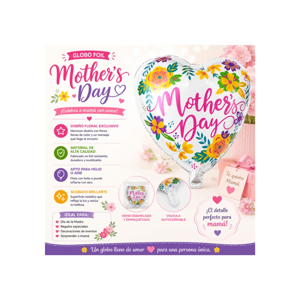 Globo en forma de corazón con cartel de Happy mother´s day Balloon (17 pulgadas) - Miniatura 4