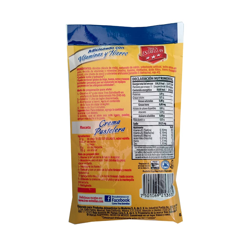 Atole sabor vainilla Tres Estrellas (47 g / 1.65 oz) - Miniatura 3