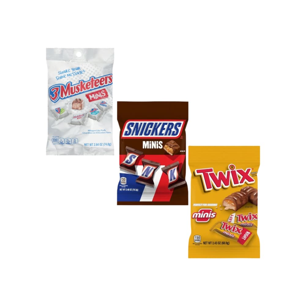 Barras de chocolate minis 3 Musketeers (74.8 g / 2.64 oz) + Barras de chocolate Snickers (70.3 g / 2.48 oz) + Barras de chocolate Twix (68.9 g / 2.43 oz) - Imagen 1