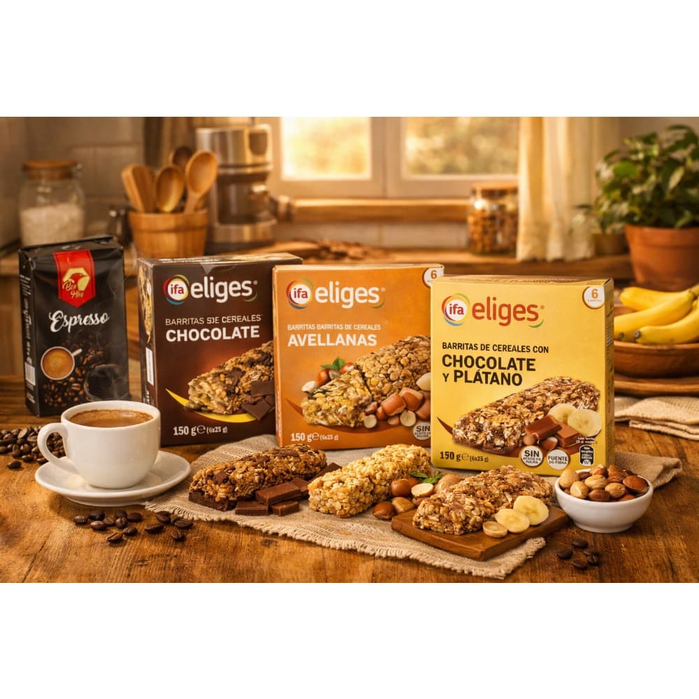 Barritas de cereales con chocolate + barritas de cereales con chocolate y plátano + barritas de cereales con avellanas + café espresso - Miniatura 2