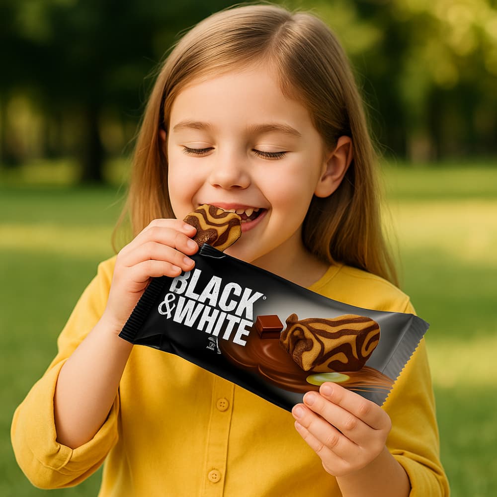 Pastel cubierto de cacao con relleno de chocolate con leche Black & White (40 g / 1.41 oz) - Miniatura 4
