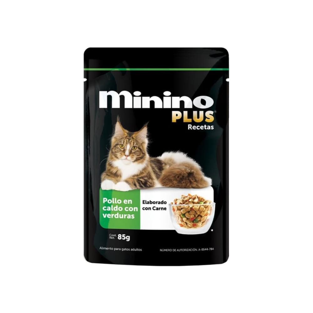 Alimento pollo en caldo con verduras para gatos adultos Minino Plus (85 g / 3 oz) - Miniatura 1