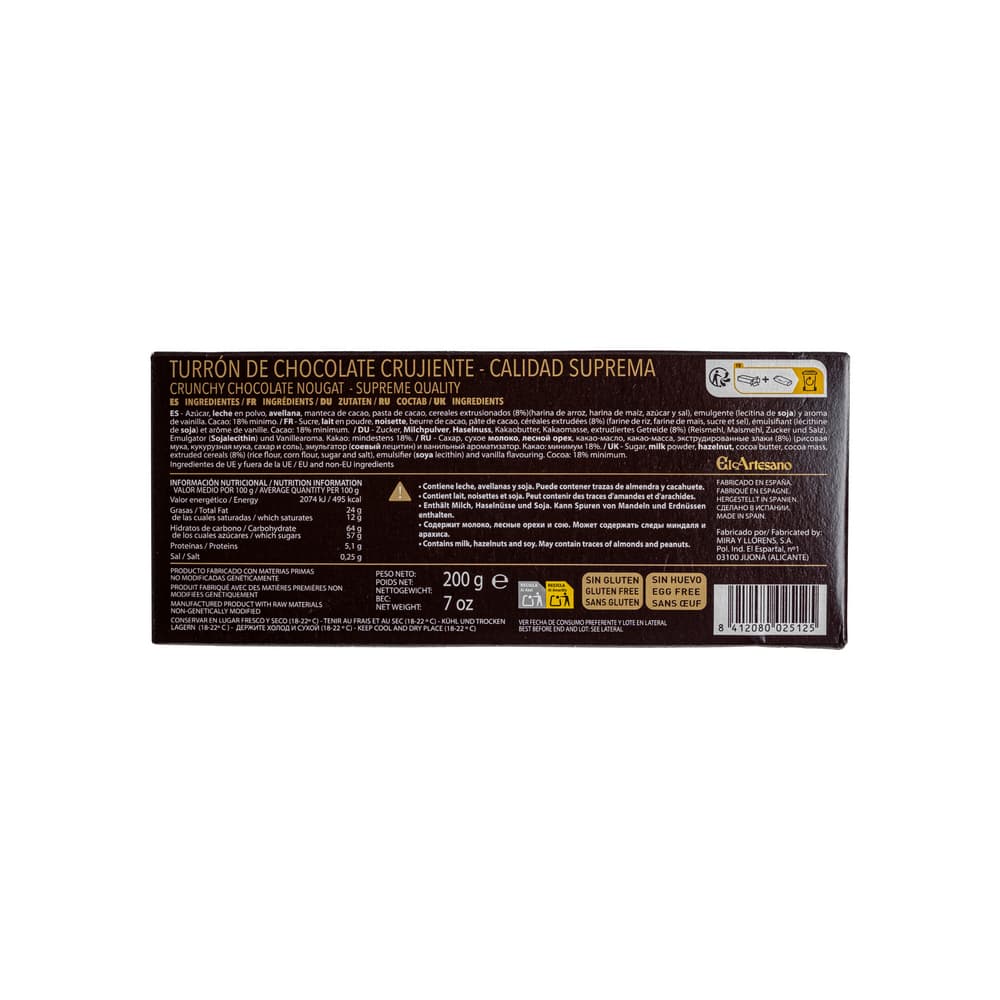 Turrón de chocolate crujiente suprema El Artesano (200 g / 7.05 oz) - Miniatura 2