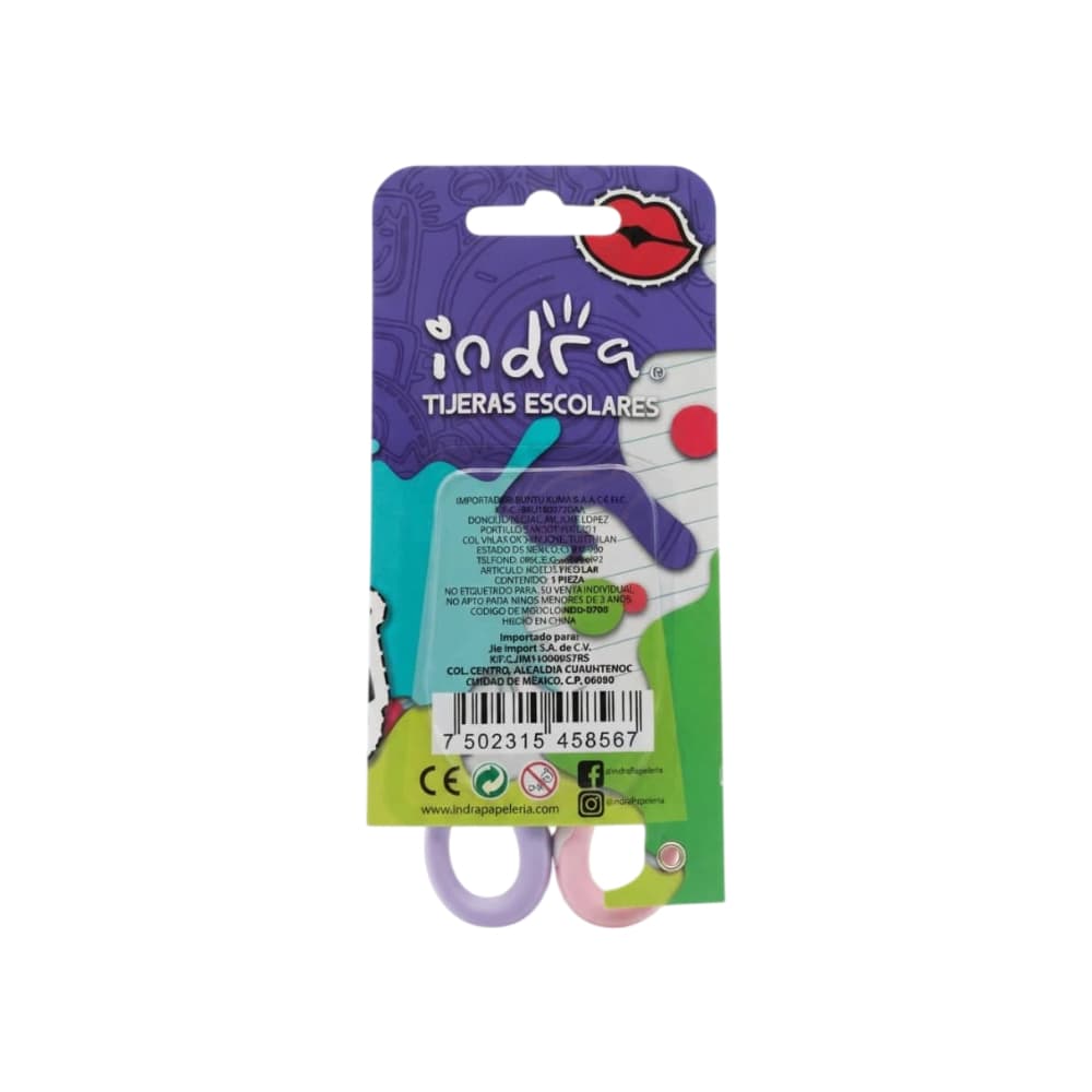 Tijera escolar automática con funda de plástico rosada y morada Indra - Miniatura 2