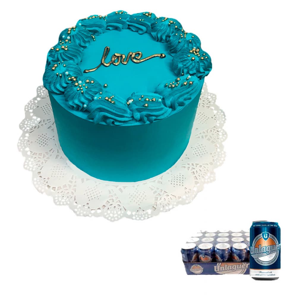 Cake de chocolate plus con nata azul turquesa + Cerveza Unlaguer - Imagen 1
