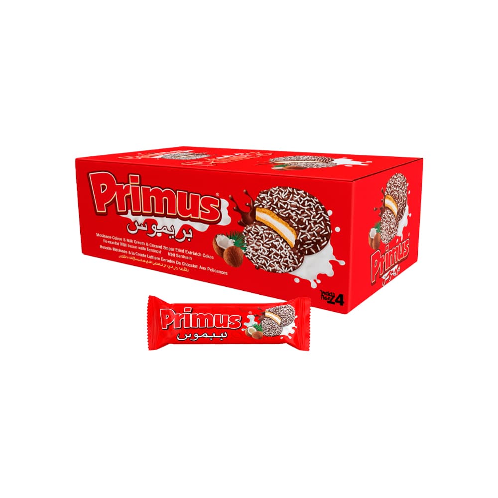 Sándwich de galleta cubierta de cacao con leche y coco con malvavisco Primus Magico (24 x 45 g / 1.58 oz) - Miniatura 1