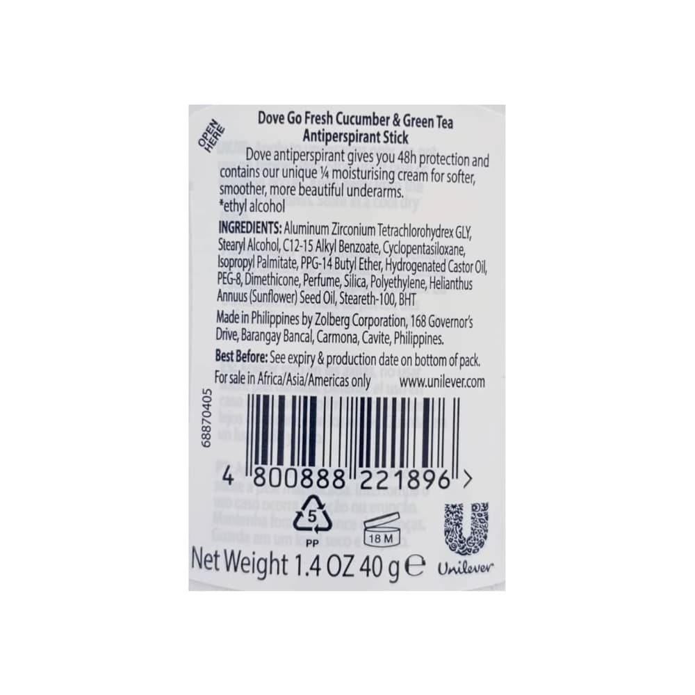 Desodorante en barra antitranspirante de pepino y té verde Dove (40 g / 1.4 oz) - Miniatura 3