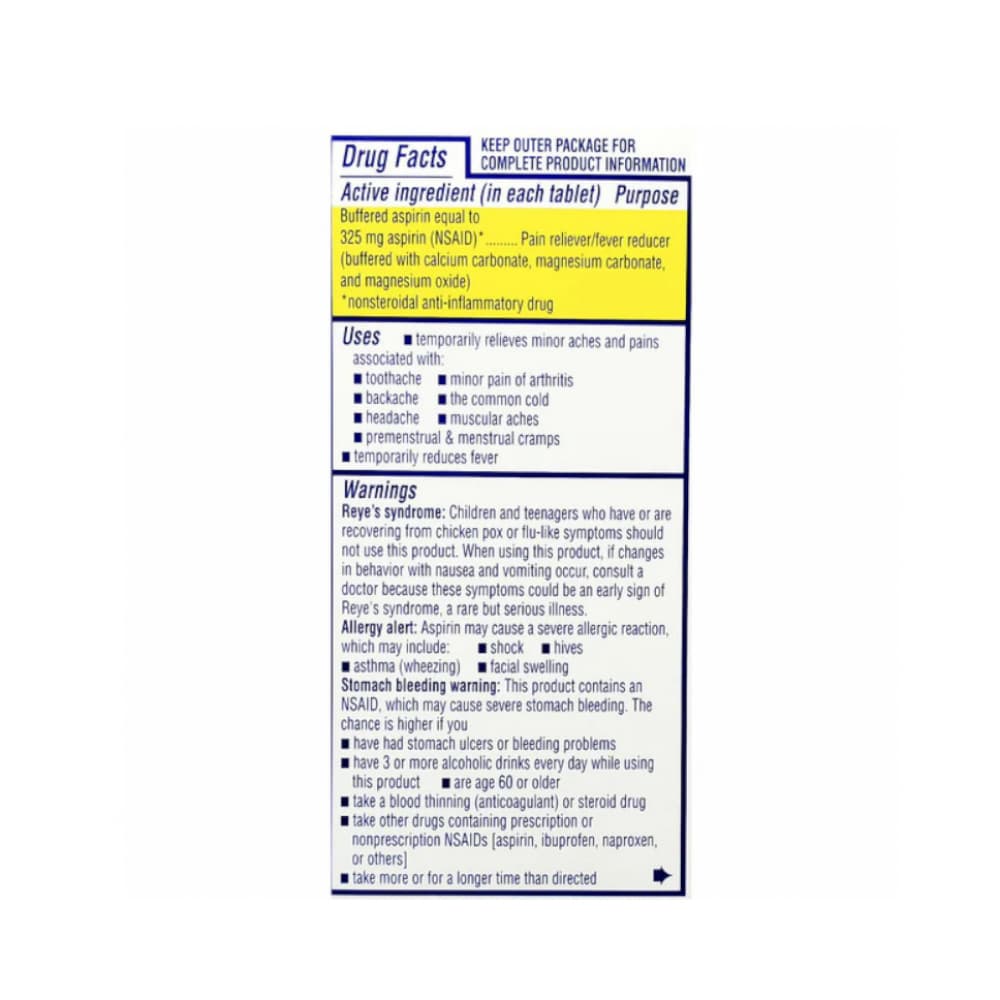 Aspirina tritamponada. Ácido acetilsalicílico 325 mg Major (100 tabletas) - Miniatura 3