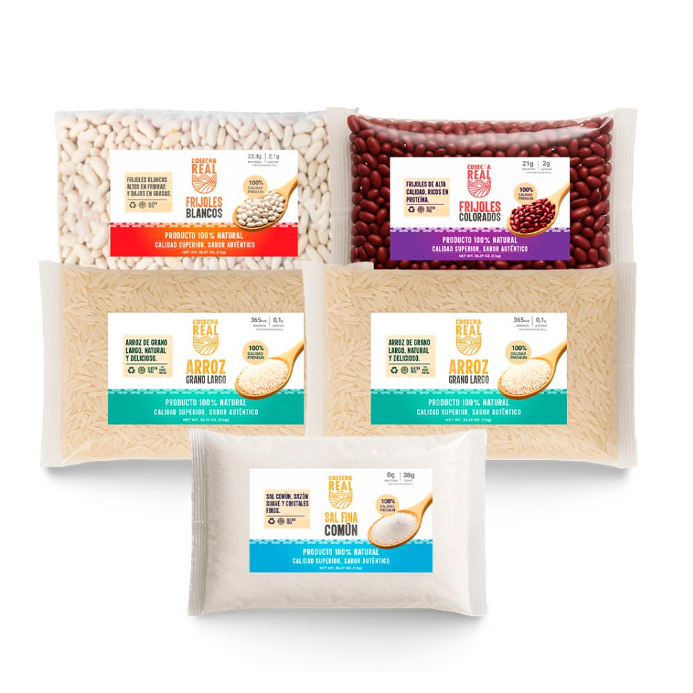 Combo esencial de cocina Cosecha Real #2: Arroz de grano largo + Sal fina común + Frijoles colorados + Frijoles blancos - Imagen 1