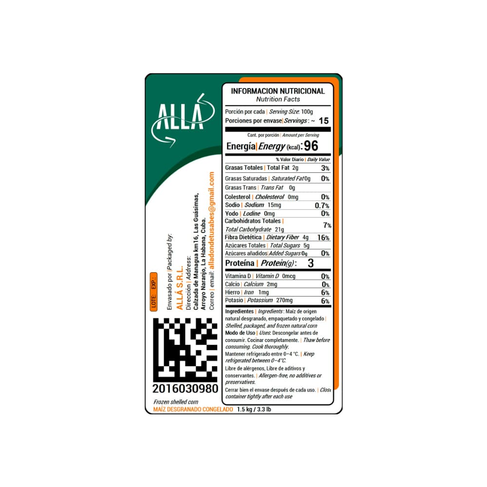 Maíz desgranado congelado ALLÁ (1.5 kg / 3.3 lb) - Miniatura 3