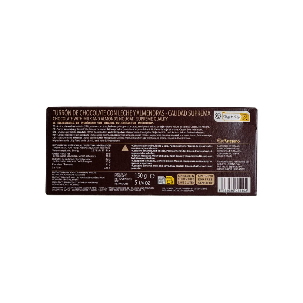 Turrón de chocolate con leche y almendras El Artesano (150 g / 5.29 oz) - Miniatura 2