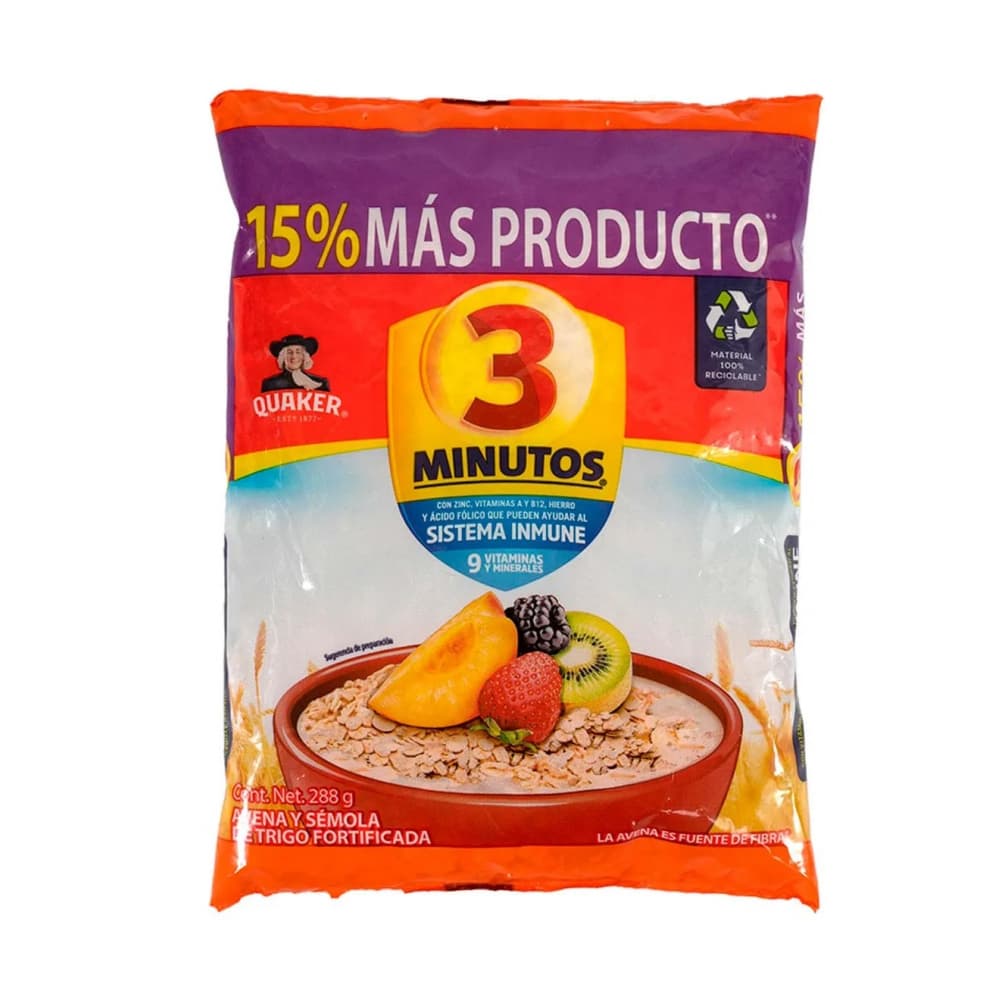 Cereal de avena y sémola de trigo fortificada 3 Minutos Quaker (288 g / 10.16 oz) - Imagen 1