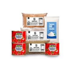Combo simple para sazonar: Pasta de tomate Burcu + Sal fina común Campo Vivo + Laurel molido Cosecha Real + Comino molido Cosecha Real + Ajo en polvo Cosecha Real)