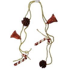 Guirnalda dorada con campanas rojas, bastones y pinos